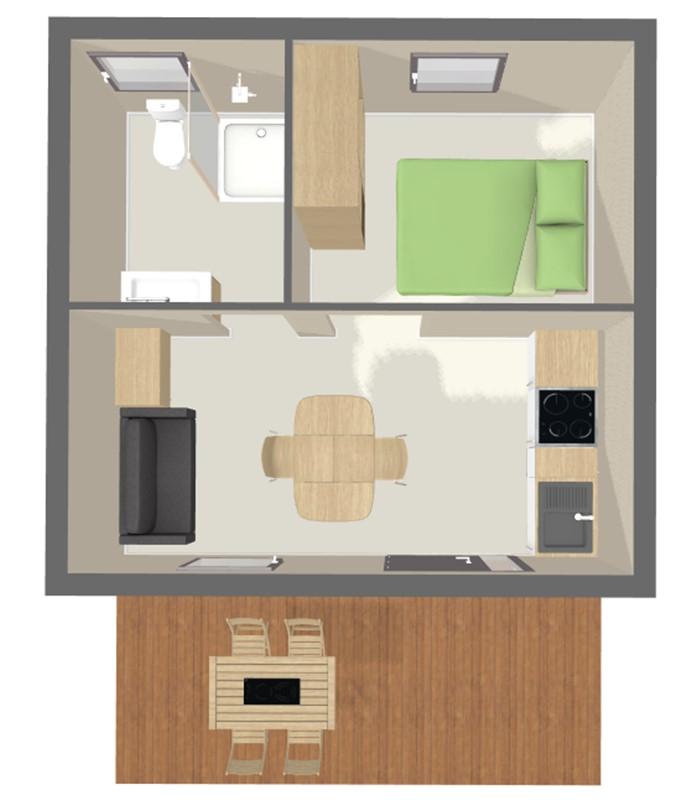 Voir le plan Chalet Confort 24 m² mitoyen (1 chambre - 2 pers)