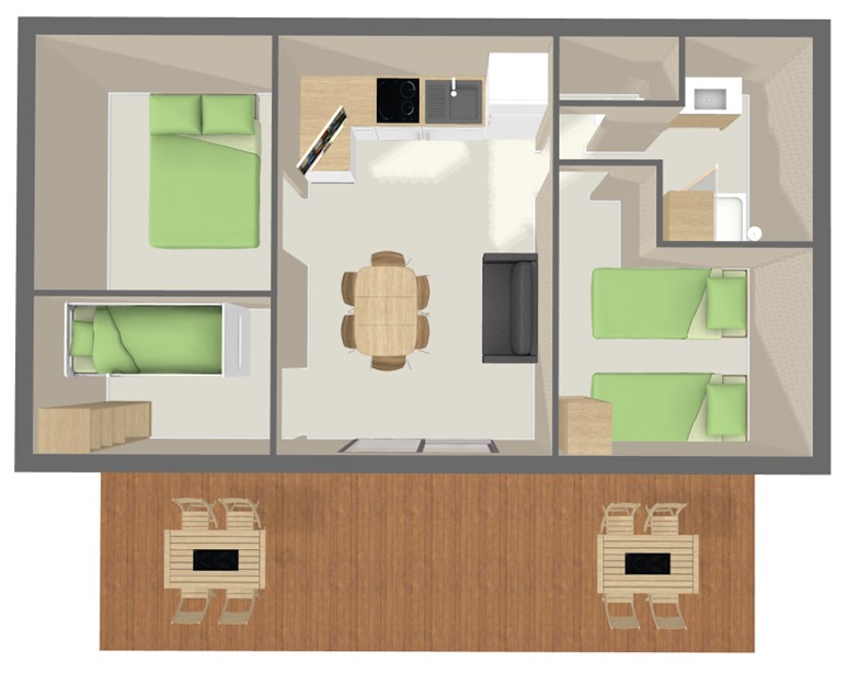 Voir le plan Chalet Confort 48 m² (3 chambres - 6/7 pers)