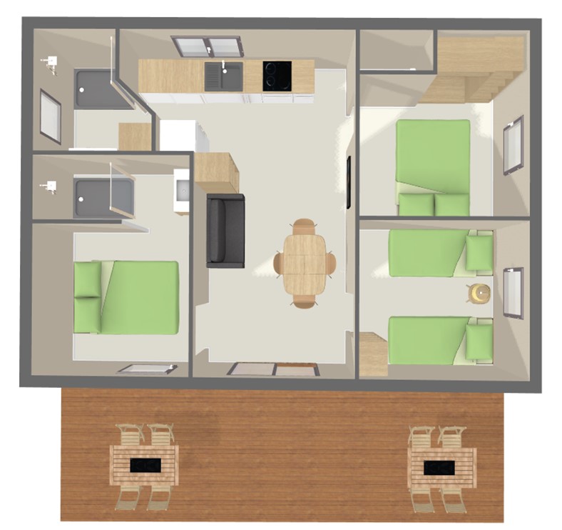 Voir le plan Chalet Premium 50 m²  (3 chambres - 6/7 pers)